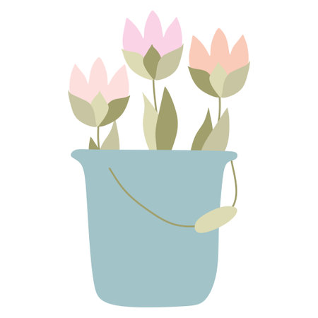 Spring Tulips in Bucket. Floral Bouquet of fresh Blossomed Flowers in Pot. Pretty posies with lush petals. Flat Vector illustration Isolated on white for Greeting Card, Holiday Poster, Banner, Decor.のイラスト素材