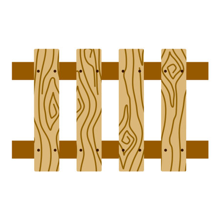 Wood Cartoon fence. Textured, detailed fencing isolated on white. Rustic construction from Planks, Rural old barrier. Hand Drawn Flat Vector illustration for Design art, Logo. Protection concept.のイラスト素材