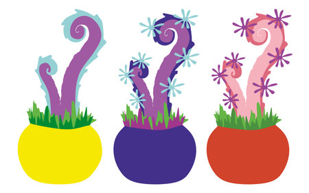 Tentacle Plant in flower pot set. Element for Game with Alien Fantasy plants isolated on white background. Color organism, monster, creature with tentacles. Design Art for Book, Poster, Print, Card.のイラスト素材