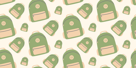 Seamless backpack pattern. Vector Flat Illustration. Travel, nikes, trips tourism, voyage or vacation background wallpaper, textile, wrapping. Travelers luggage print. Sports bag. Model with pockets.のイラスト素材