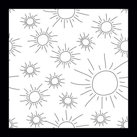 Cute Monochrome Sun print. Hand drawn Vector Black and white Seamless Pattern. Doodle Illustration Template for Textile, Wallpapers, Wrapping paper, Cards and Web. Vacation and summer conceptのイラスト素材