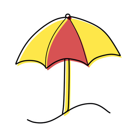 Sun umbrella Outline icon with Color Shapes, travel tourism, umbrella. Hand Drawn Doodle Beach Sunshade for Relaxation in Hot Weather. Design Object for Print, Card, Logo. Vacation Graphic Elementのイラスト素材