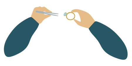 Flat And Outline jeweler hands Holding Tweezers and Big Ruby Gemstone. Red Brilliant icon. Jeweler profession. Jeweler day card. Vector Cartoon illustration isolated on white. Jewelry making concept.のイラスト素材