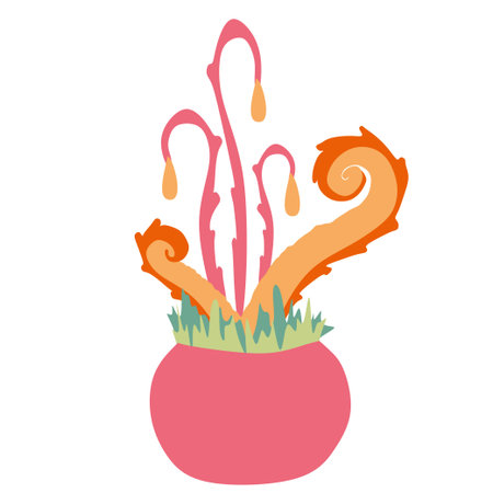 Monster Fantastic plant illustration. Vector fantasy scary flower graphic. Flat or Cartoon Alien Botany object in Flower pot with predators. Vibrant colors Magic Flora isolated on white background.のイラスト素材