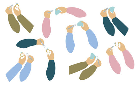 Set of Flat Hands with Gemstones and Rings. Vector Gestures in different positions. Cartoon Jeweler hand Showing, holding and representing Jewelry. Graphic Art For Card Design, Poster, Banner, Art.のイラスト素材