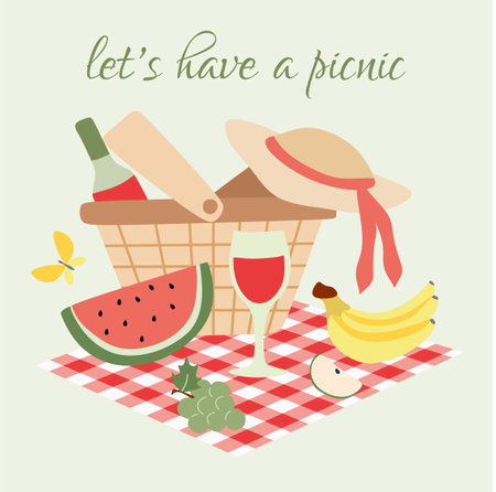 Bright Picnic Party Poster with Lettering. Vector flat illustration. Colorful Cartoon Invitation Placard to Outdoor Weekend dinner, Breakfast with Basket full of Food and Drink on Plaid at Forest Parkのイラスト素材