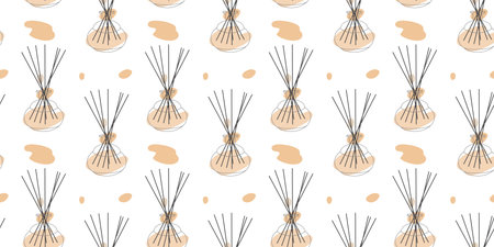 Aromatherapy seamless pattern. Aroma diffuser, essential oil for home. Vector outline, line art illustration concept with Color Abstract shape. Glass Jar Different with Wooden Bamboo Aroma Sticksのイラスト素材