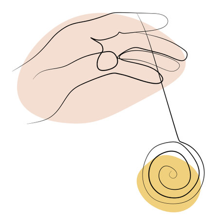Yoyo or yo-yo continuous line drawing With Abstract color Shapes. One line art international yoyo day vector illustration. Simple hand drawn toy in hand. Design Art Element for Print, Template, Cardのイラスト素材