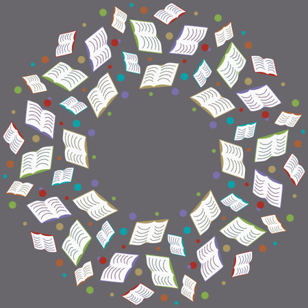 Books Flat pattern Frame vector illustration for decoration, background, Card Poster, Banner. Cartoon drawing of book colored Isolated on Gray background. Round Border Education Theme templateのイラスト素材