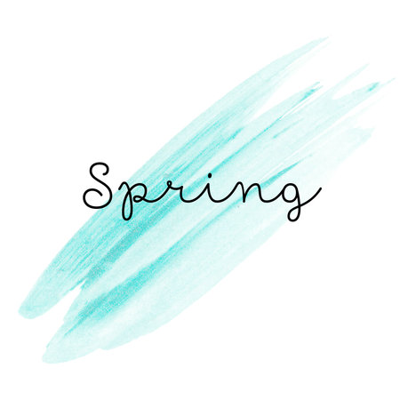 Turquoise watercolor background with Lettering Spring. Wash Color Brush stroke Illustration Technic...