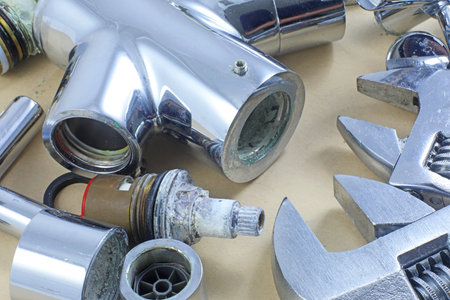 Dismantled ceramic tap/faucet waiting for service or repair.