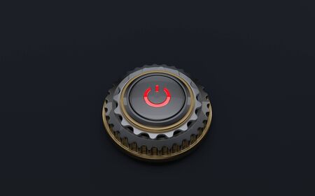 3D button start stop engine on dark background and bright red indicator decorated with gearsの写真素材