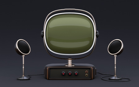 Vintage old looking TV set with speakers on dark background. Can be used for place some image or video on display.の写真素材