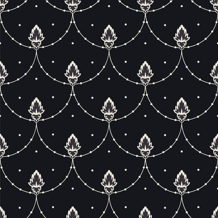 Simple flowers on a background with a dots on a dark background, seamless pattern. Can be used for printingのイラスト素材