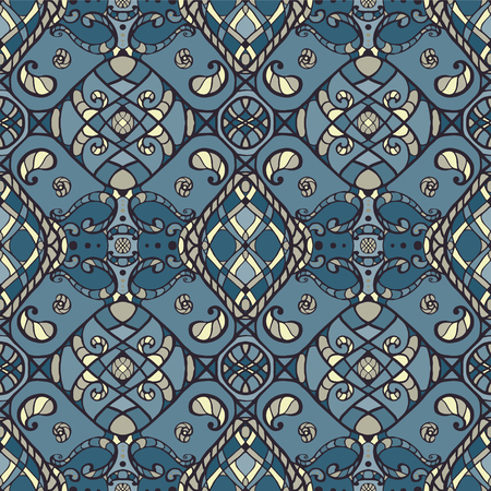 Seamless pattern background in cold colors designed in oriental Arabic carpet style.のイラスト素材