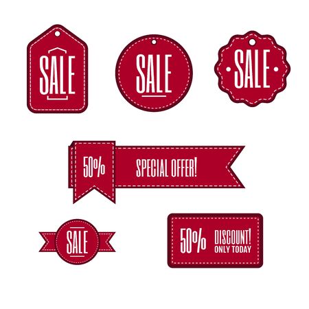 Red simple flat vector labels and banners with texts: Sale, special offer, discount and 50%. Good for promotion your products. Replace text and your own design with white stitchesのイラスト素材