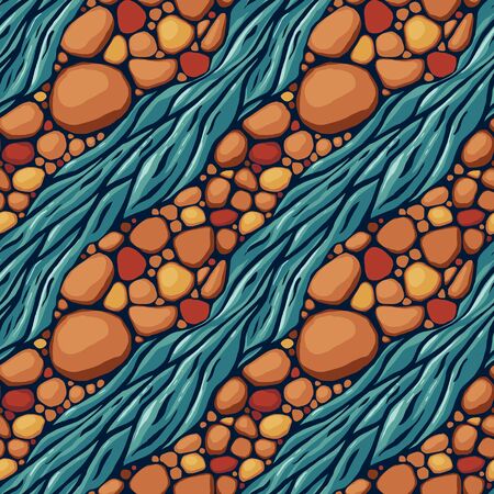 Colorful seamless comics style background pattern with river and stones.のイラスト素材