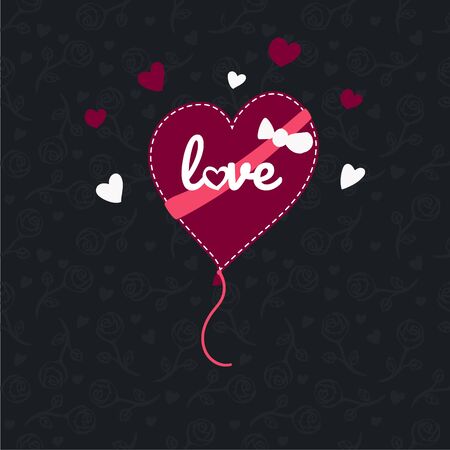 Flat vector heart balloon with love text and little hearts around on seamless pattern background. with randomly arranged roses on a dark background with little hearts.のイラスト素材