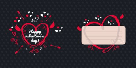 Greeting card design for valentines day. Dark version. Double side greeting card with place for message. Red bright hand drawn heart with cupid wings and arrows on dark background with little hearts.のイラスト素材