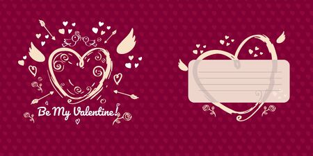 Greeting card design for valentines day. Red version. Double sided greeting card with place for message. Hand drawn heart with Cupid wings and arrows on red background with little hearts.のイラスト素材