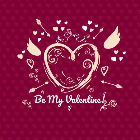 Greeting card design for valentines day. Red version. Single sided greeting card with place for message. Hand drawn heart with Cupid wings and arrows on red background with little hearts.のイラスト素材