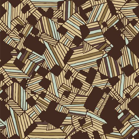 Vector seamless flat abstract geometric pattern with chaotic stripes in monochrome pastel light and dark brown and electric blue colorsのイラスト素材