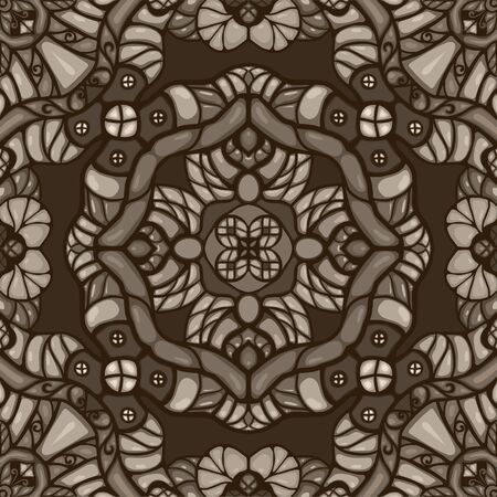 Monochrome sepia vintage fantasy cartoon style seamless vector ornamental pattern with abstract flowers, leafsのイラスト素材
