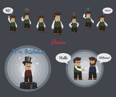 Businessman character set with some icons and speech bubbles. Bonus: Aristocratic character - Mr. Rich man and meeting at work.のイラスト素材