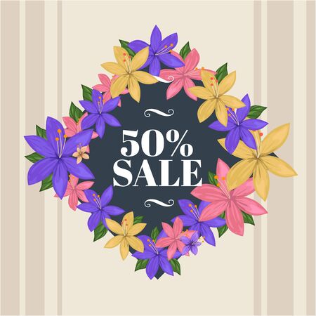 Spring is here with sale text illustration. Beautiful floral card design for spring. Designed with nice purple, pink, flowers. Good for invitations card (replace text), web banner, backgroundsのイラスト素材