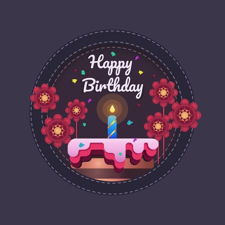 Happy birthday greeting card design template. Cake with candle flowers and confettiのイラスト素材
