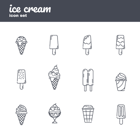 12 Vector ice cream flat simple line style icons set のイラスト素材