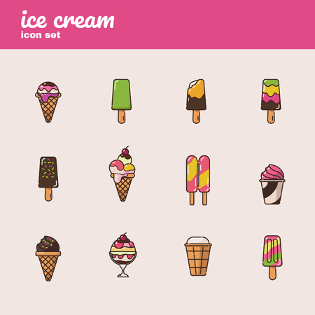 12 different vector ice cream desert icons set in flat, colorful style. Can be used for web design, game design and for mobile application designのイラスト素材