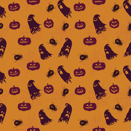 Cartoon Halloween vector seamless background pattern with ghosts, pumpkins and spidersのイラスト素材