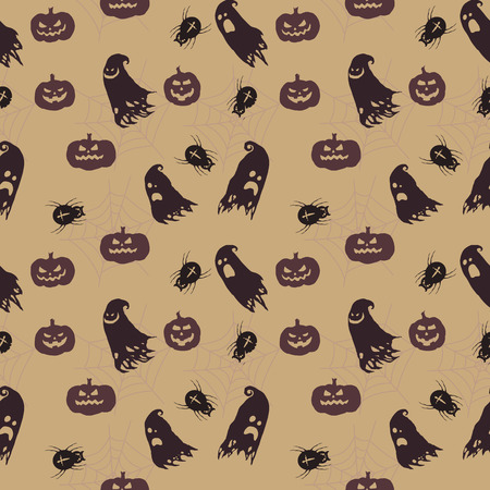 Cartoon Halloween vector seamless background pattern with ghosts, pumpkins and spidersのイラスト素材