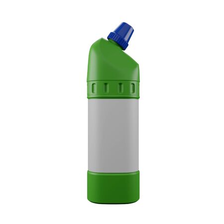 isolated gree plastic bottle household chemicals supplies on white background with blue cap and blank cover. Good for commersial, banners. Easy remove backgroundの写真素材