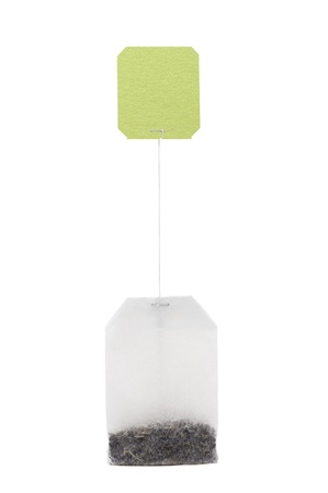 Close-up of tea bag isolated on white backgroundの写真素材