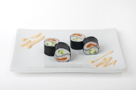 Japanese food - Yin Yang Roll with salmon and cucumberの写真素材