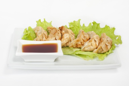  Gyoza cooked with soy sauce and lettuce on a plateの写真素材