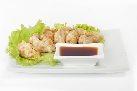  Gyoza cooked with soy sauce and lettuce on a plateの写真素材