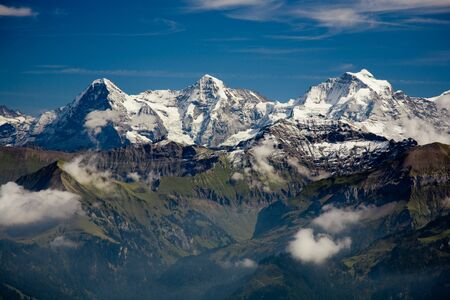 Classical view of the Eiger, Moench and Jungfrau.の写真素材