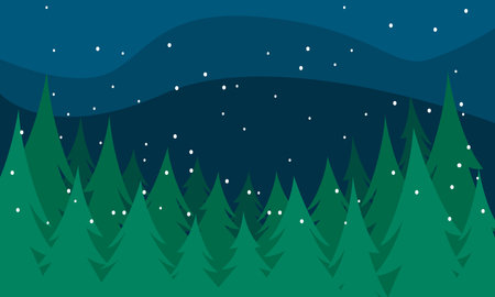 Winter landscape with fir trees and falling snow. Vector illustration in flat style.のイラスト素材