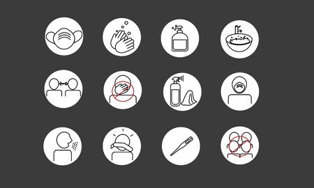 Group of icons related to coronavrius prevention and social distancing.Icons inside circle on black background, Vectorのイラスト素材