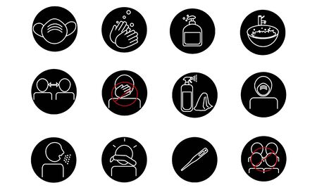 Group of icons related to coronavrius prevention and social distancing.Icons inside circle on white background, Vectorのイラスト素材