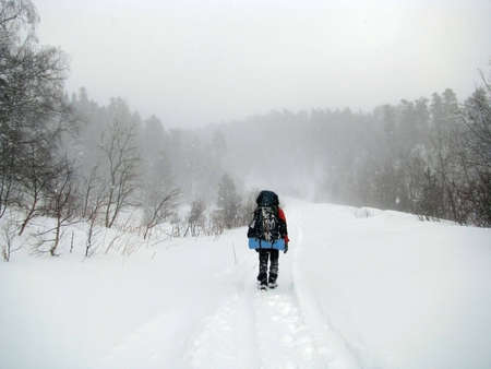 Winter, march, snow, tourist, expedition, snowstorm, extreme, blizzard, is bored, wood,active rest, rucksack, route, bad weather, nature, man, journeyの写真素材