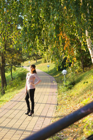 young girl on a walkの写真素材