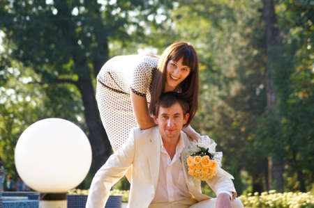 Happy young pair on walkの写真素材