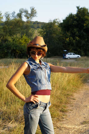 young girl on a walkの写真素材