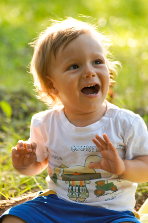 funny little boy closeupの写真素材