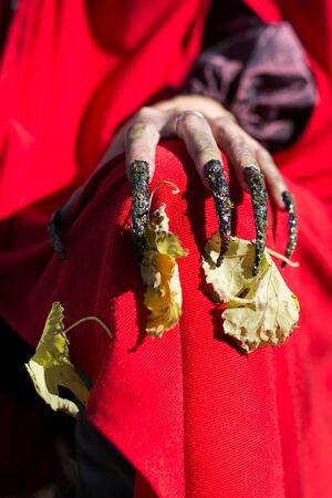 Girl in a red cloak in the lap of natureの写真素材