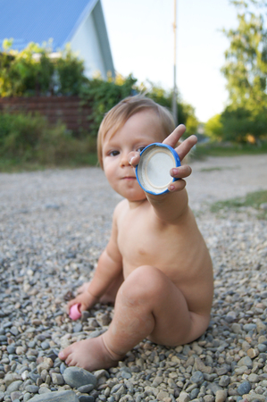 funny little boy closeupの写真素材